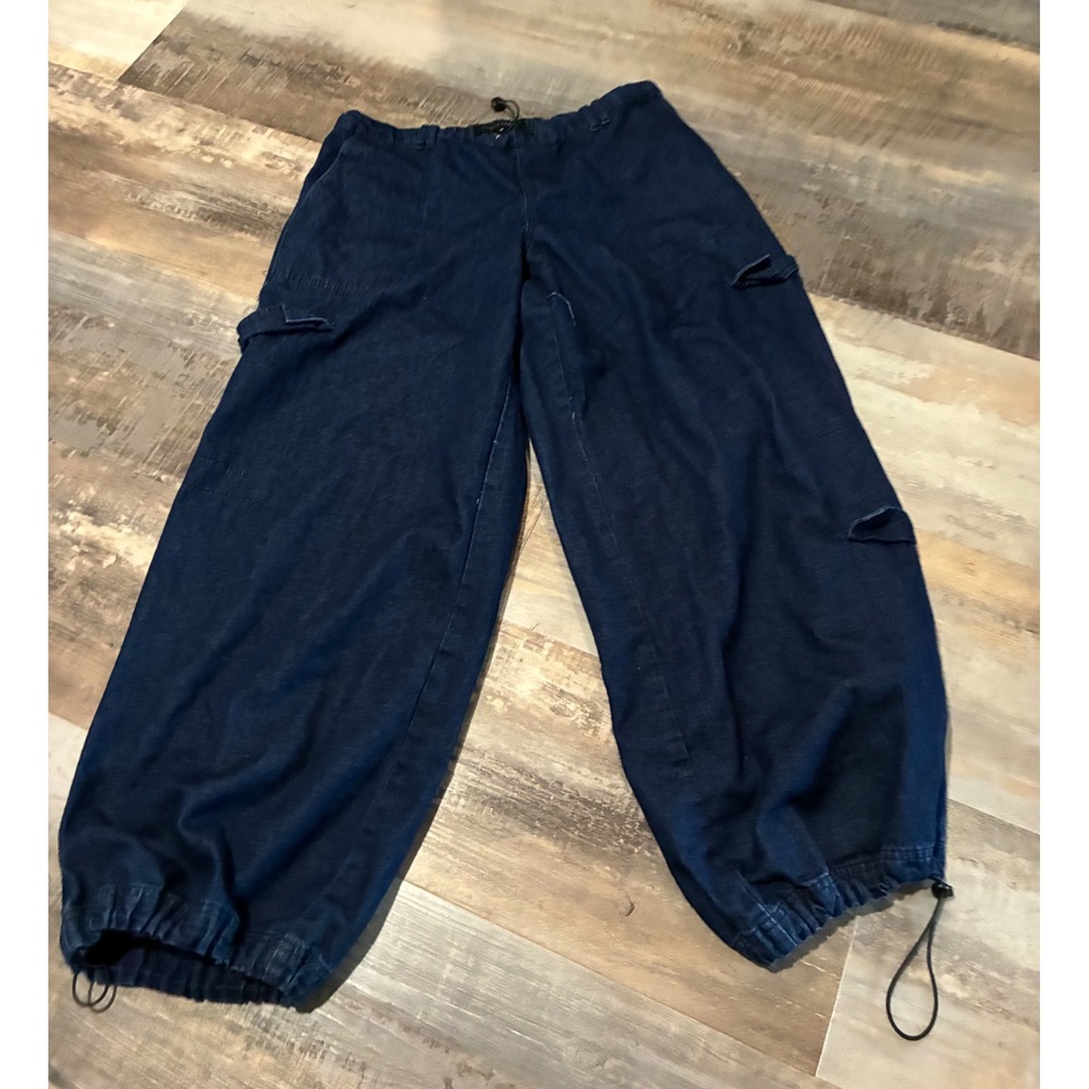 Almost Famous Womens Dark Wash Denim Cargo Joggers Bungee Cord Pants Medium